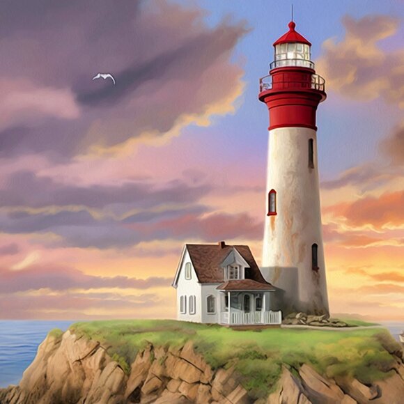 8x8 Lighthouse Majestic Sunset‎ Landscape Scene Watercolor Oil Painting - Picture 4 of 5